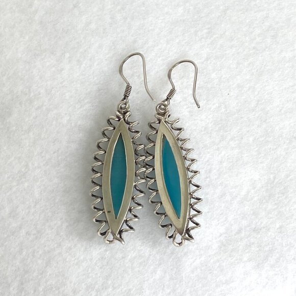 Sterling Silver 925 Marquise Turquoise Blue Cats Eye Spiral Dangle Earrings - Picture 8 of 16
